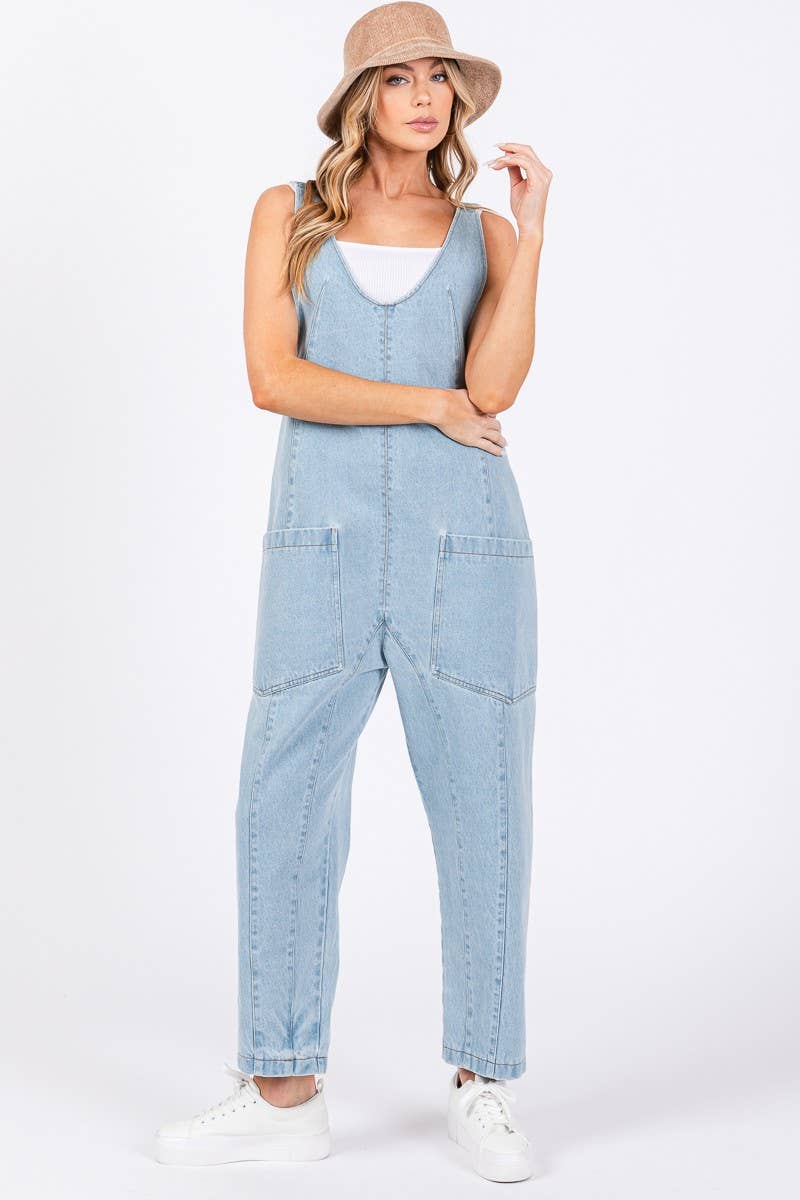 Washed Denim Overall Jumpsuit