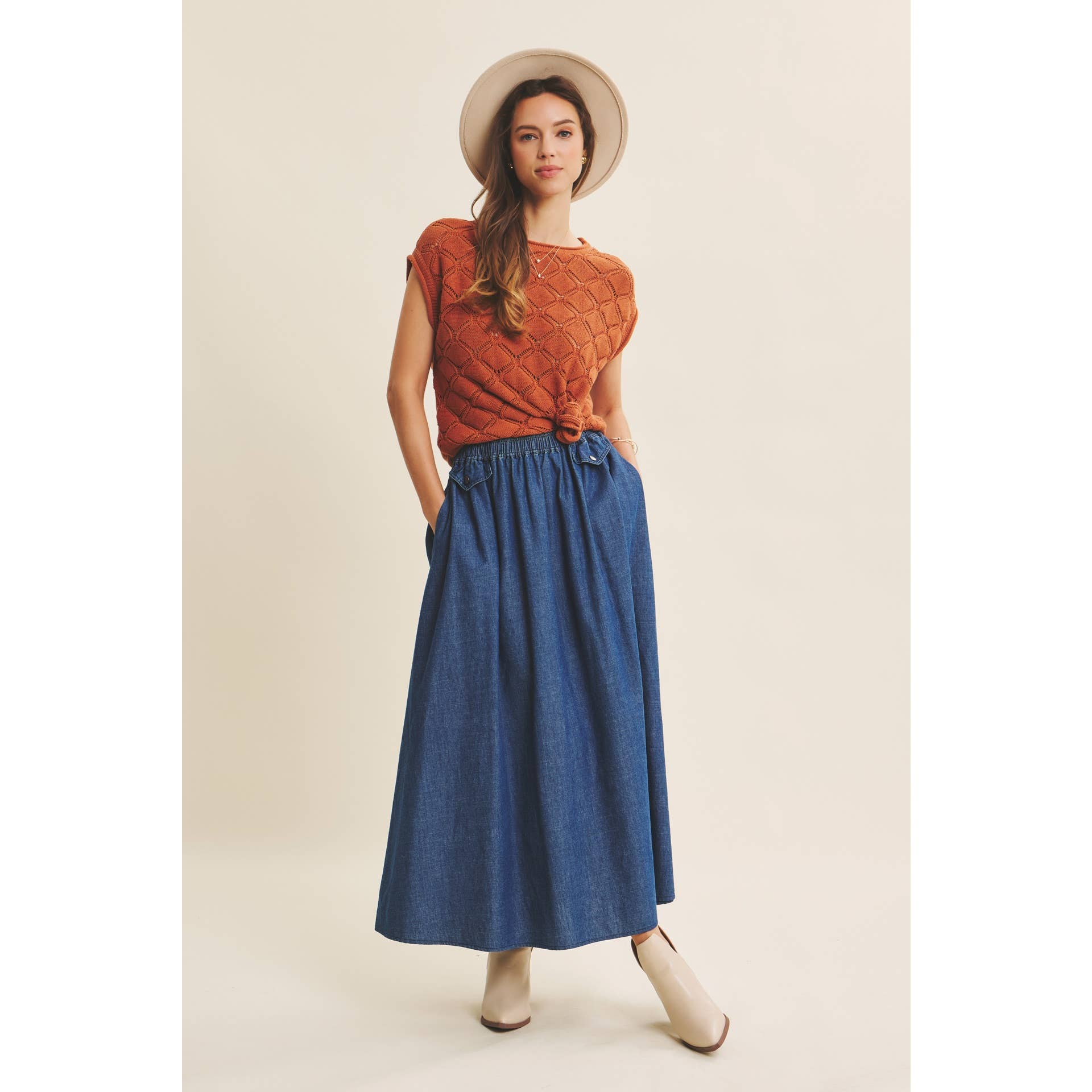 TIMELESS TEXTURED COTTON CABLE KNITTED SWEATER TOP