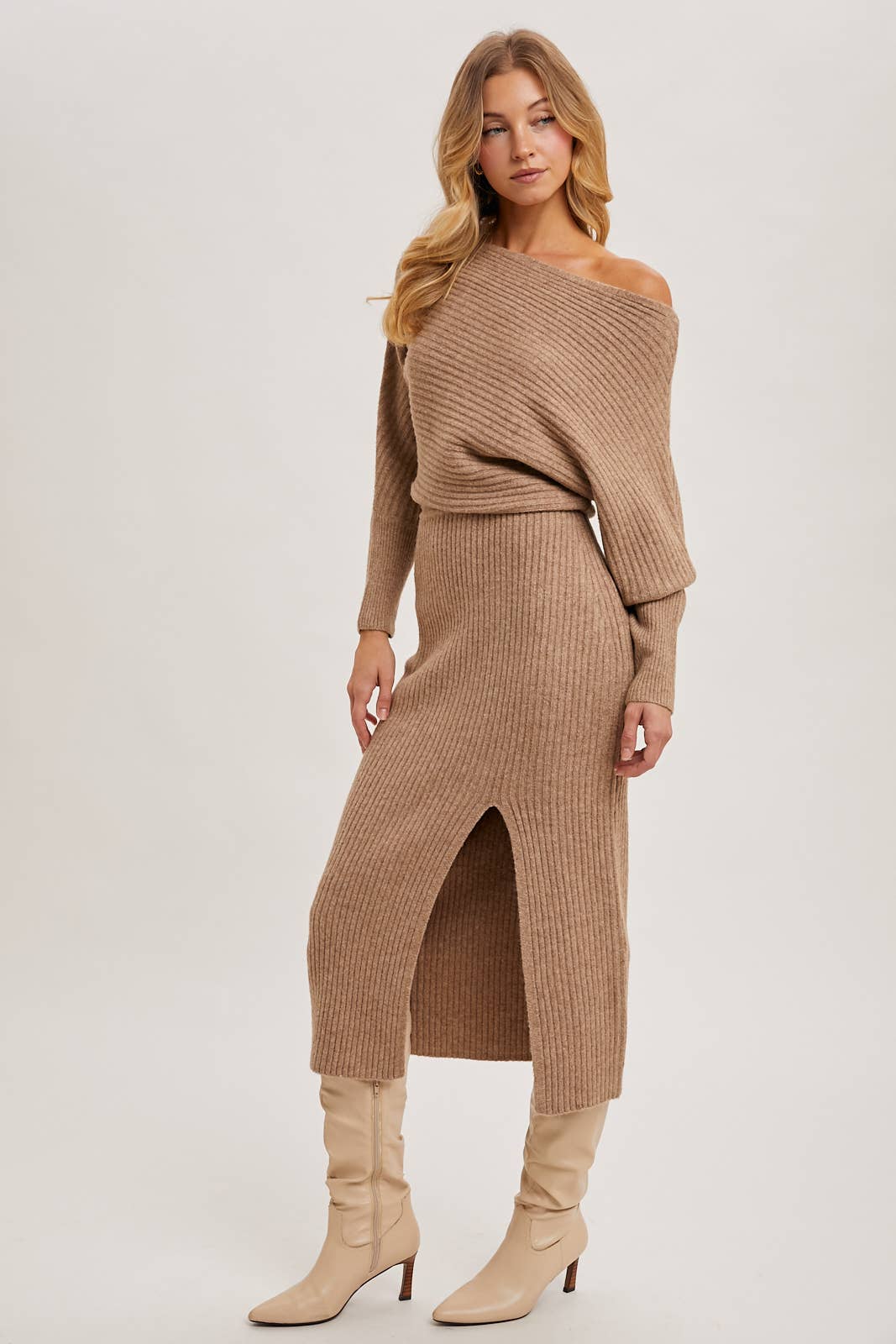 One Shoulder Off Side Slit Midi Knit Sweater Dress