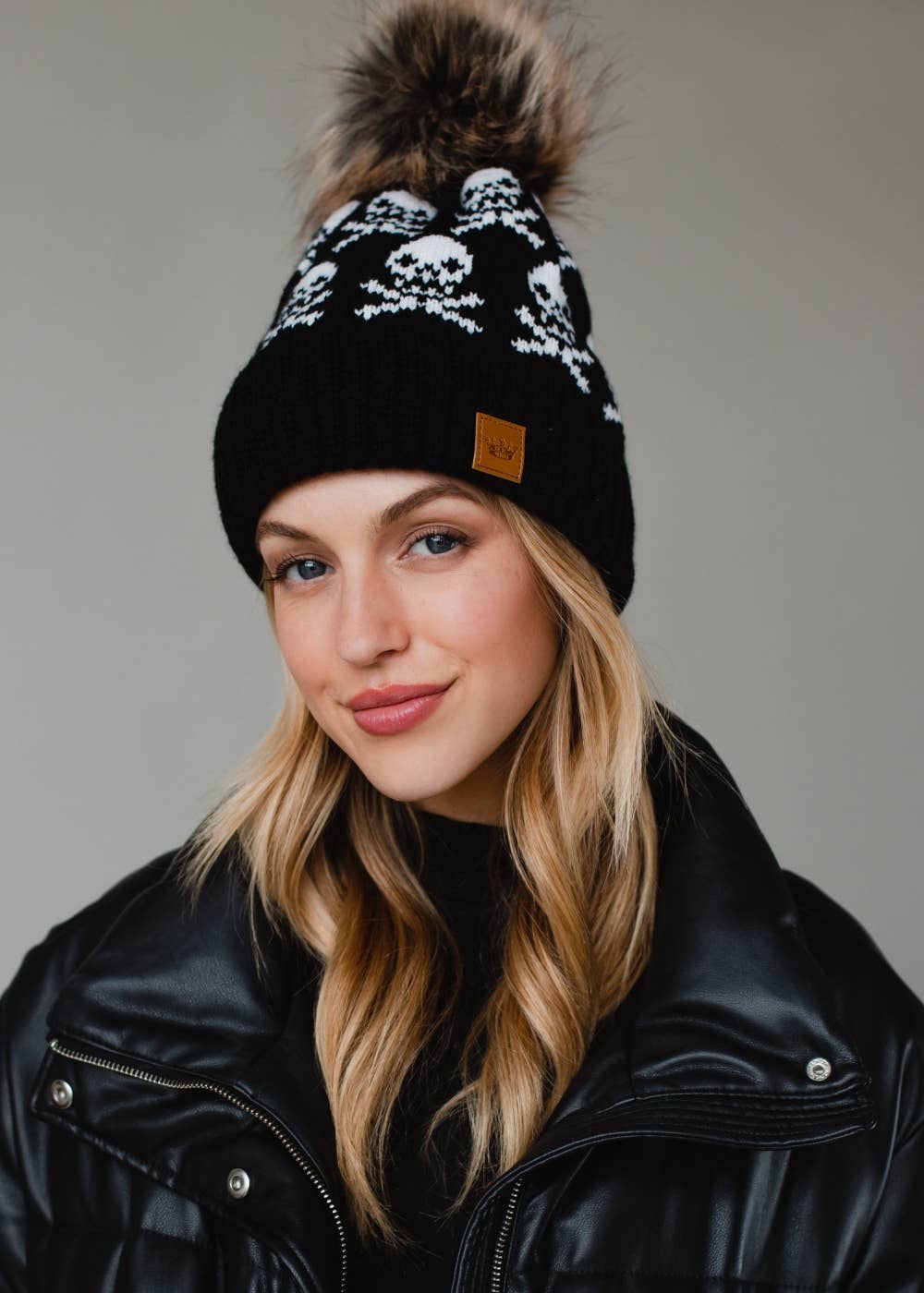 Black Skull Pattern Pom Hat