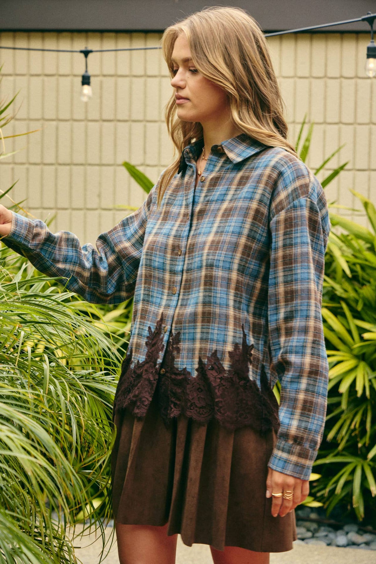 Plaid & Lace Hem Button-Down Shirt – Blue/Brown