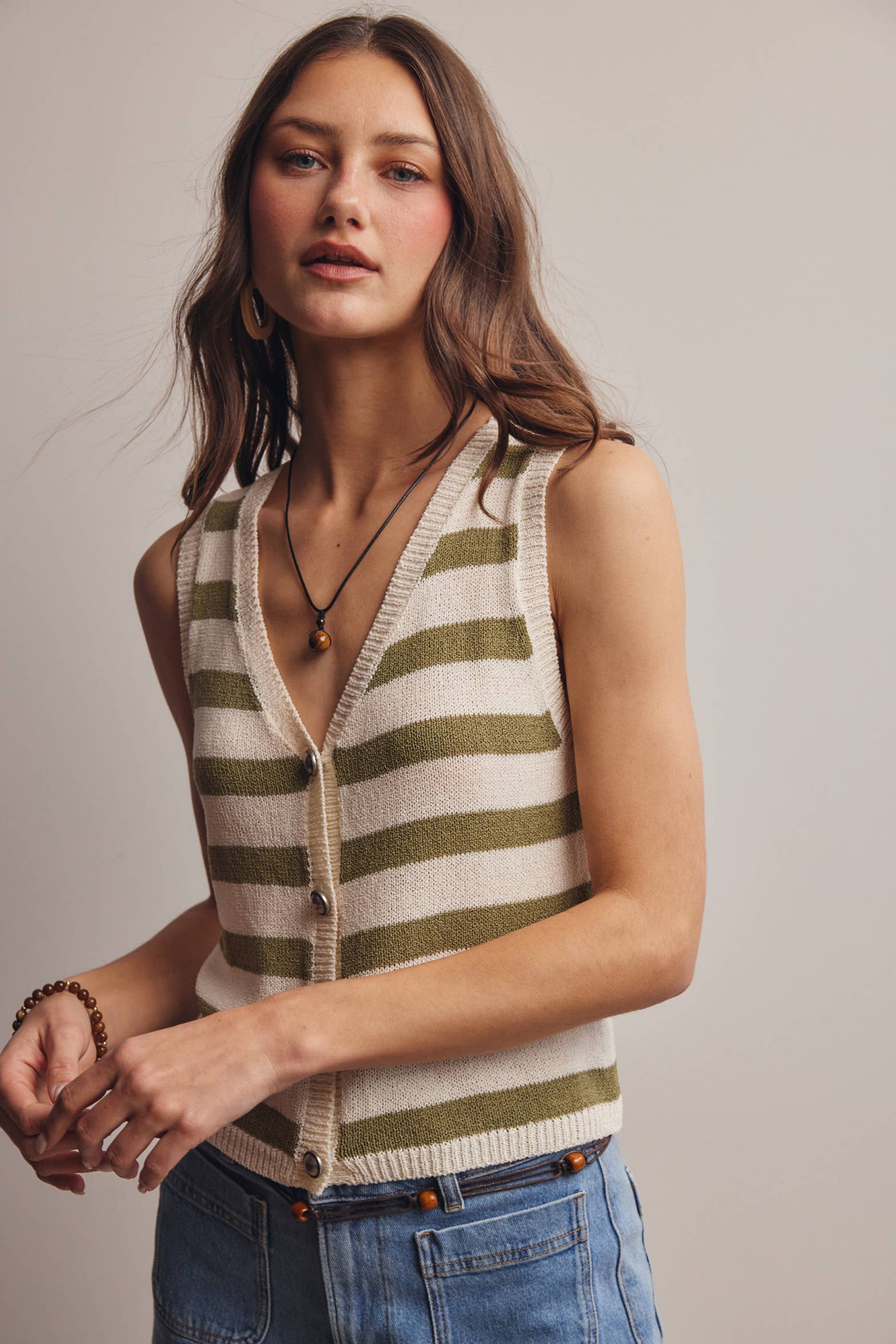 Striped Button-Front Knit Vest Top - Sleeveless Layering Sweater