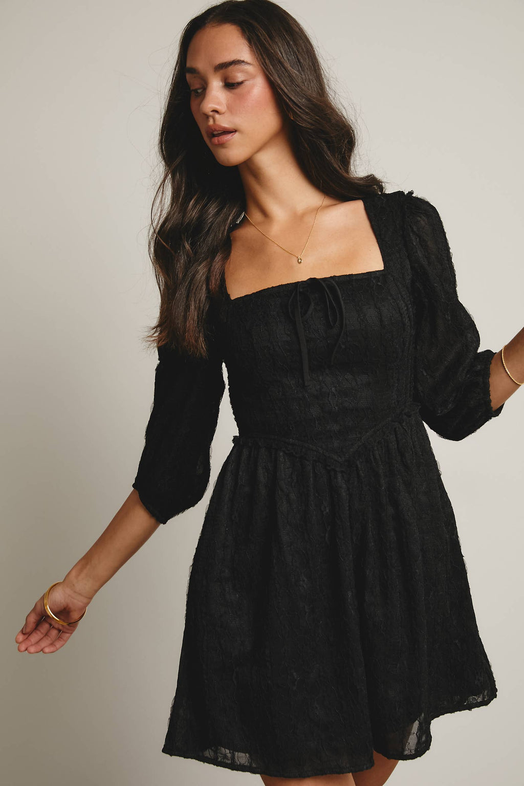 Textured Lace Puff Sleeve Mini Dress