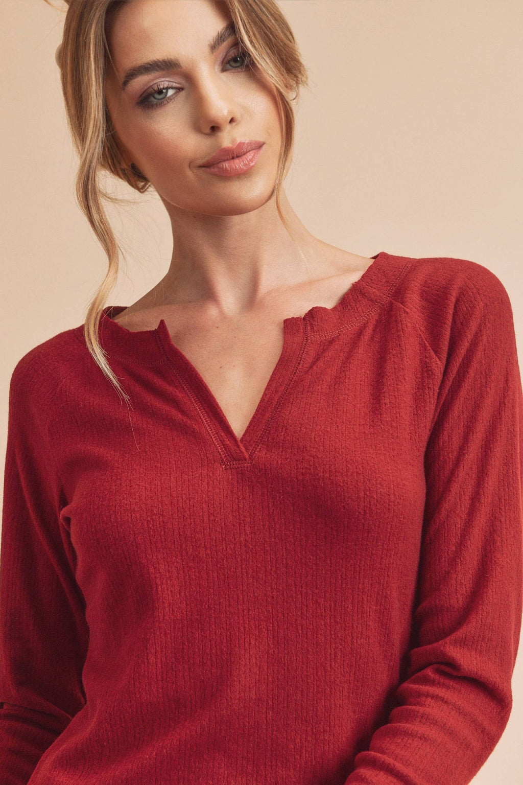 Lori Ribbed Notched V-Neck Top