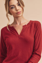 Lori Ribbed Notched V-Neck Top