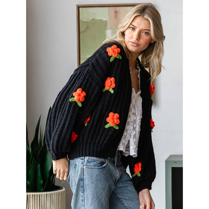 Flower Pom Pom Crop Cardigan