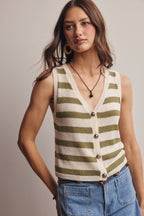 Striped Button-Front Knit Vest Top - Sleeveless Layering Sweater