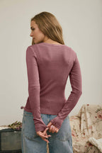 Button Front Round Neck Knit Top