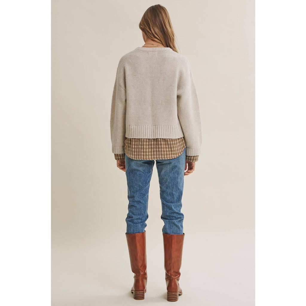 Country Road Layered Plaid Hem Twofer Sweater Top – Light Oatmeal
