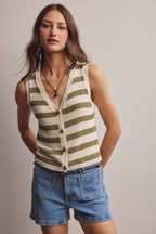 Striped Button-Front Knit Vest Top - Sleeveless Layering Sweater