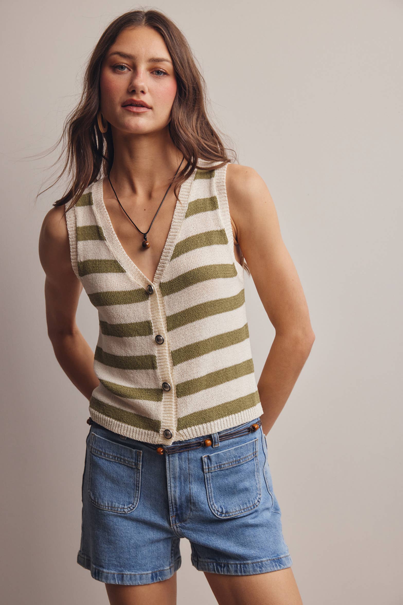 Striped Button-Front Knit Vest Top - Sleeveless Layering Sweater