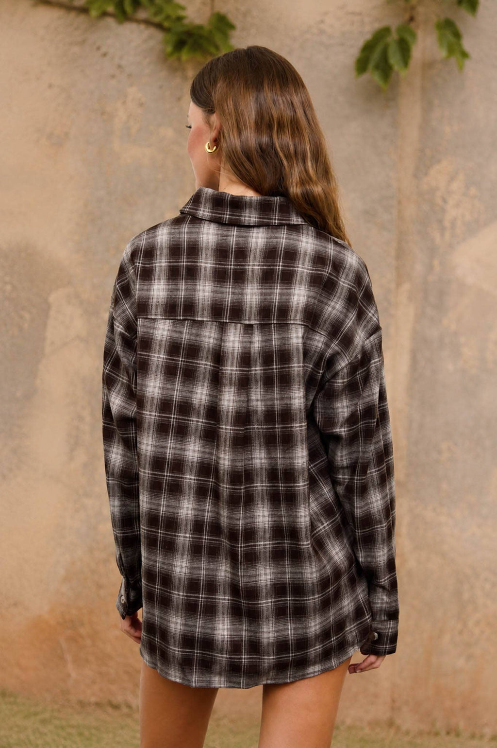 Plaid Collared Long Sleeve Button-Down Top – Chocolate Brown