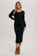 V-Neck Ribbed Knit Sweater Midi Dress