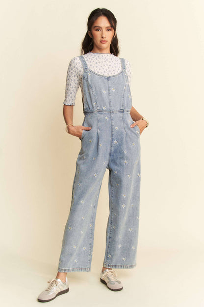 DAISY EMBROIDERED SIDE POCKET DENIM OVERALLS