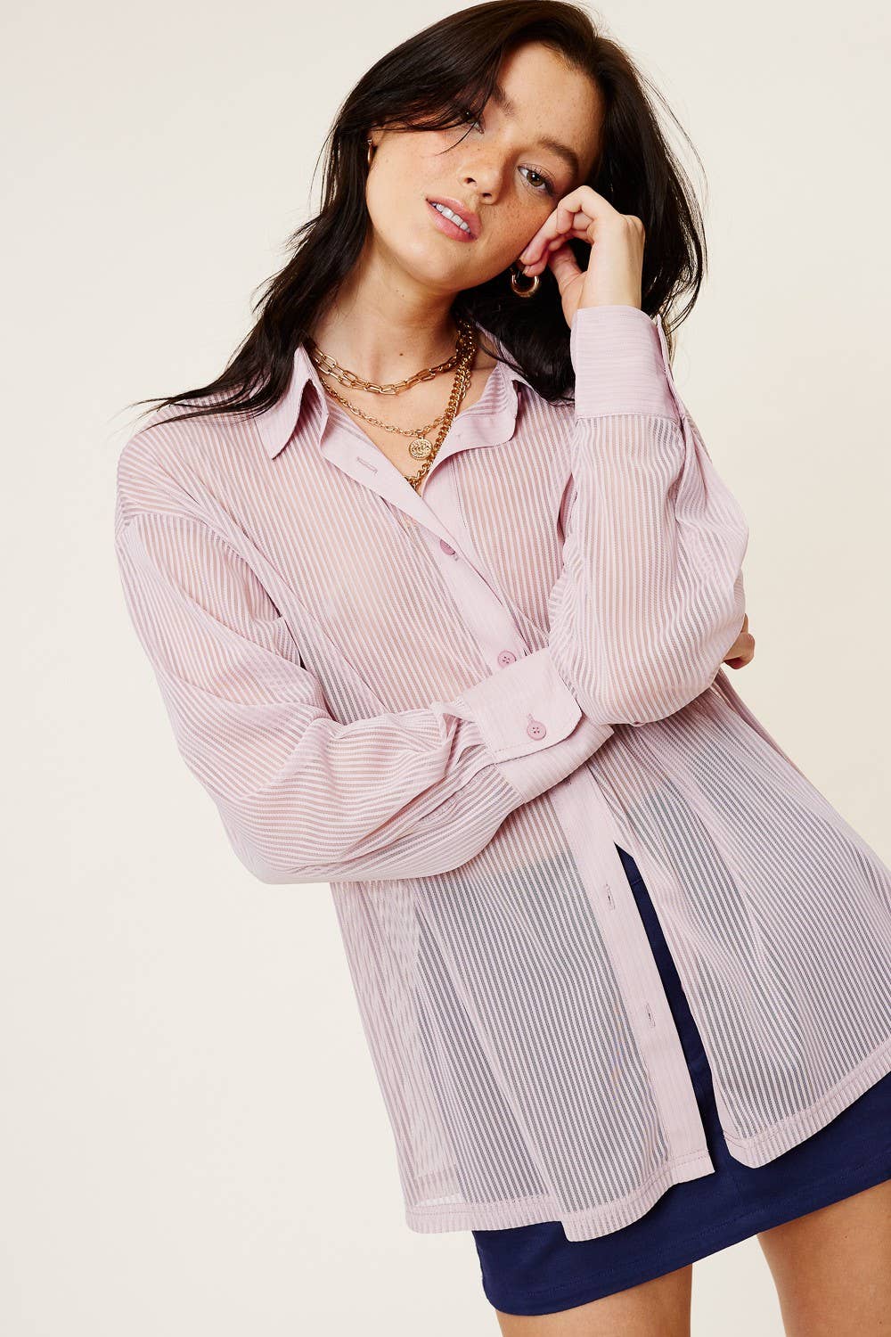 Sheer Stripe Button Down Blouse