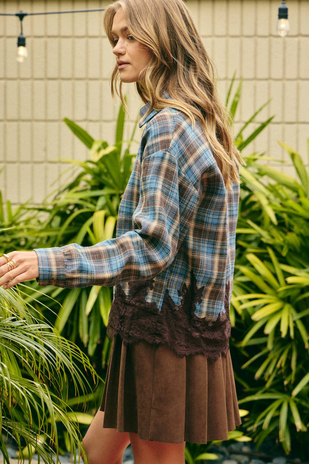 Plaid & Lace Hem Button-Down Shirt – Blue/Brown