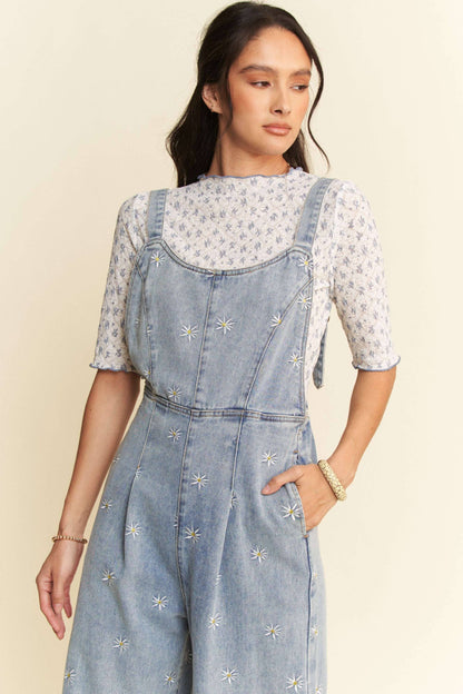 DAISY EMBROIDERED SIDE POCKET DENIM OVERALLS