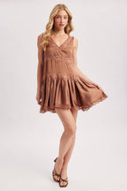 Satin Slip Babydoll Mini Dress – Lace Trim V-Neck