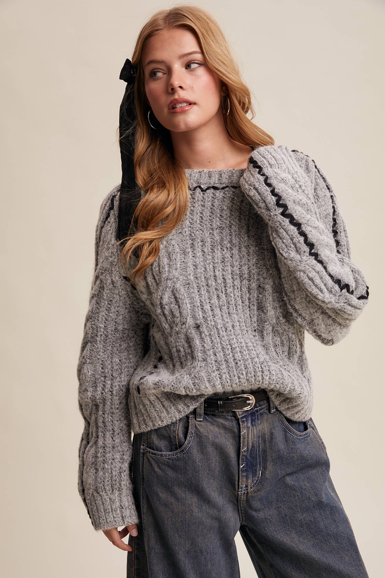 Contrast Stitch Cable Knit Sweater