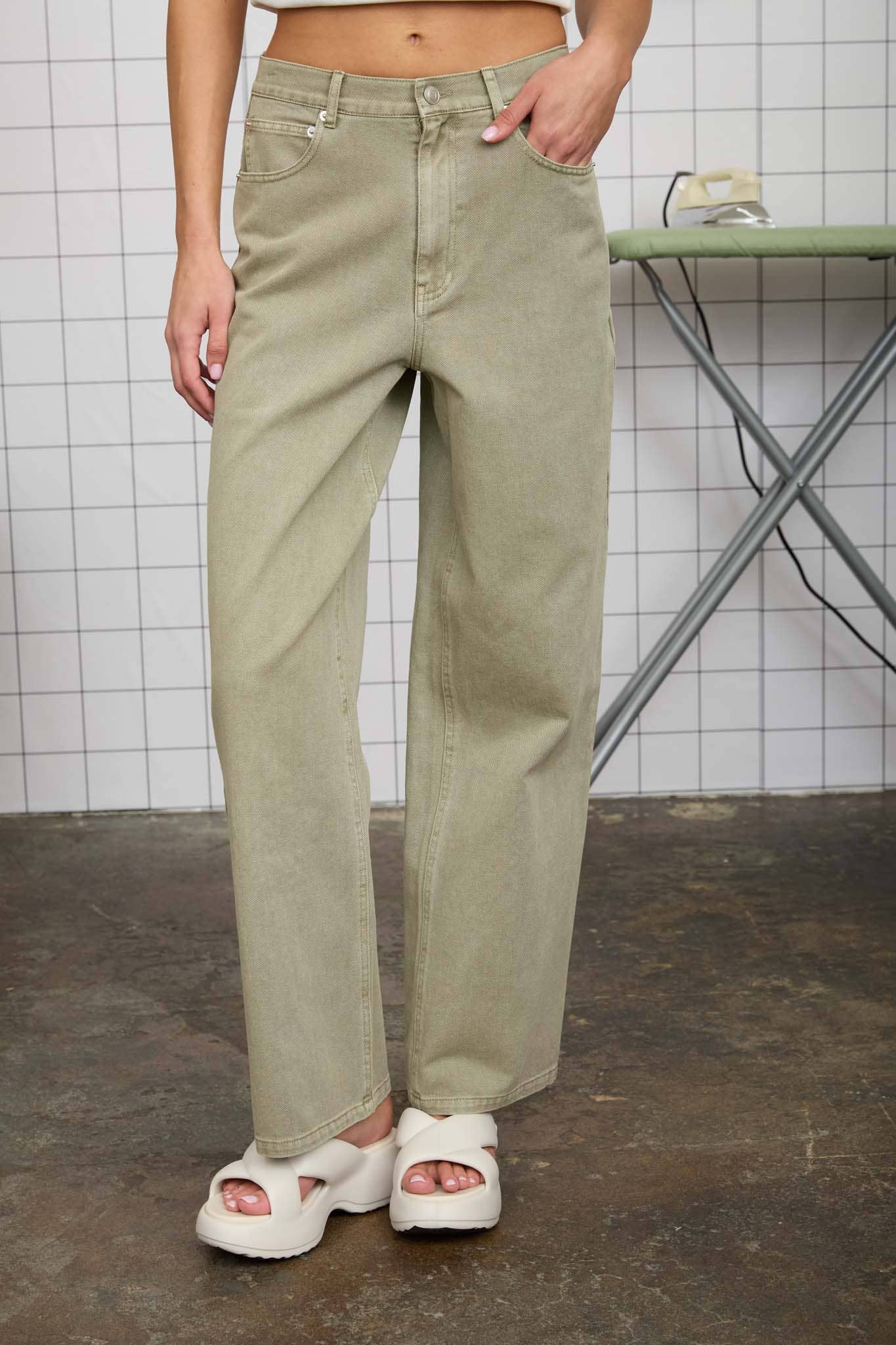 Washed Light Olive Wide Leg Jeans