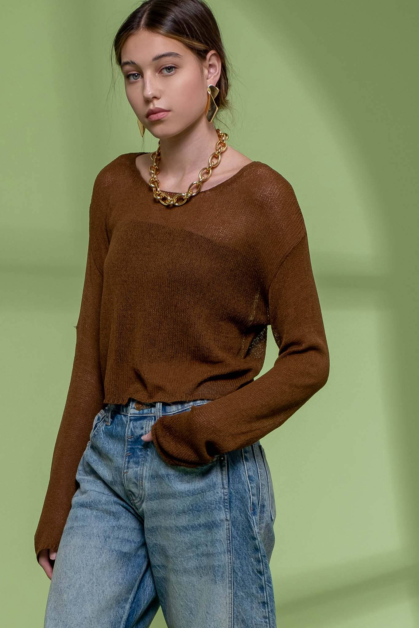 SHEER KNIT CROPPED PULLOVER SWEATER